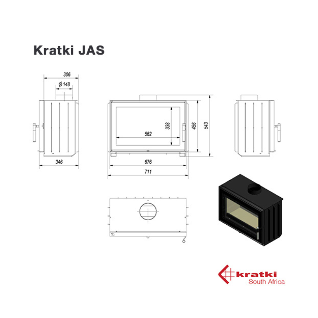 Kratki JAS fireplace technical drawing with dimensions and clearances