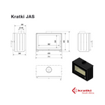 Kratki JAS fireplace technical drawing with dimensions and clearances