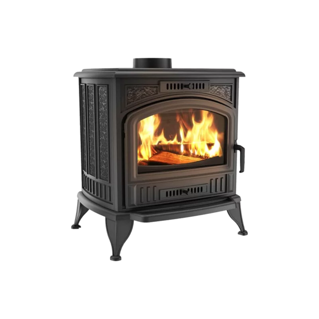 A black freestanding wood-burning stove with visible flames inside the glass door.