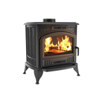 A black freestanding wood-burning stove with visible flames inside the glass door.
