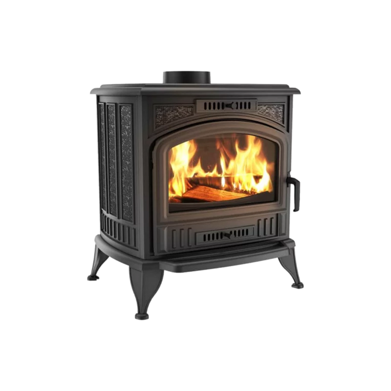 A black freestanding wood-burning stove with visible flames inside the glass door.
