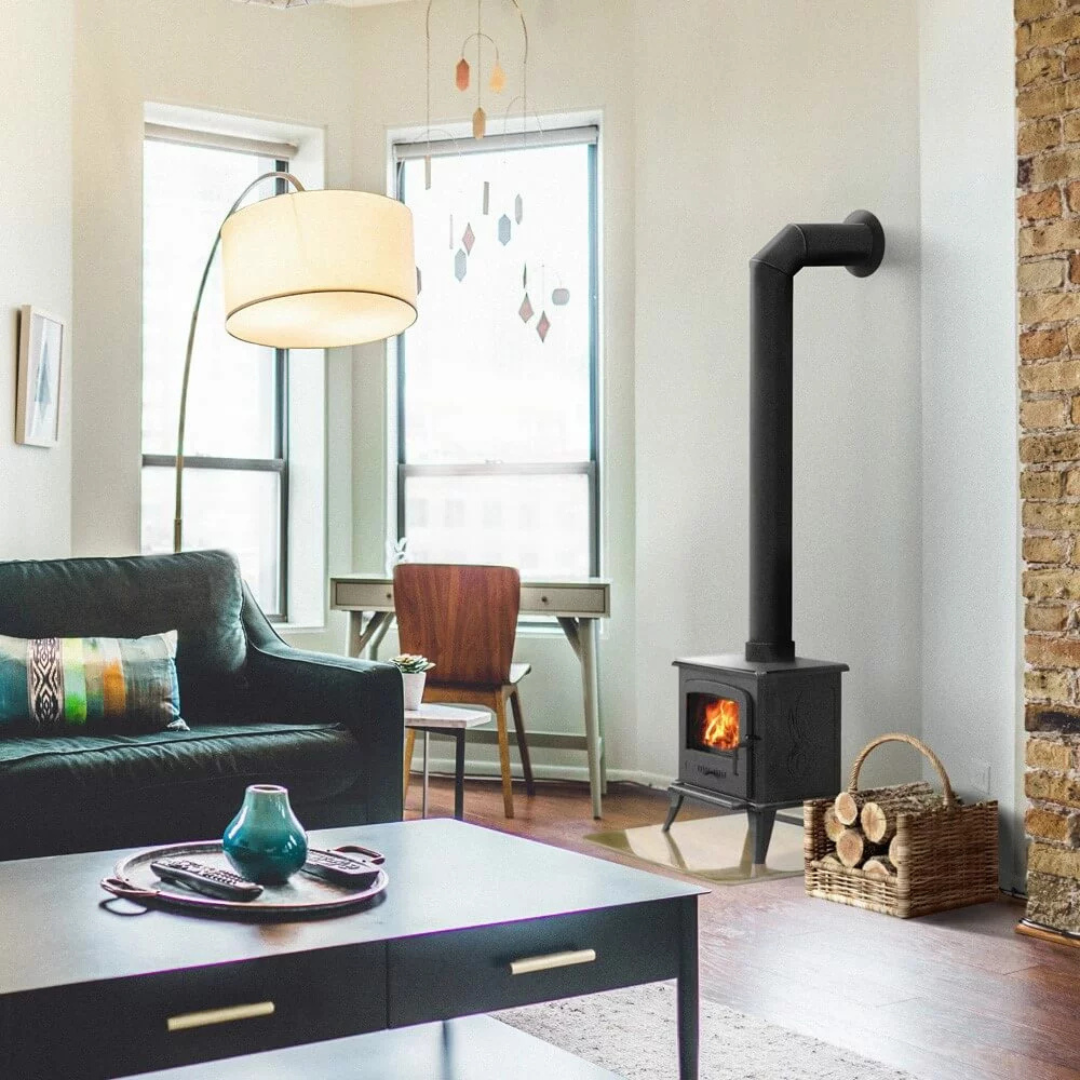 Kratki K7 cast iron wood stove lifestyle image in living room
