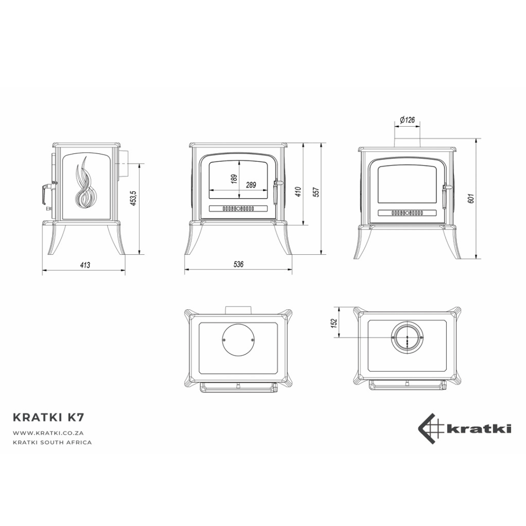 Kratki K7 cast iron wood burning stove with dimensions and features