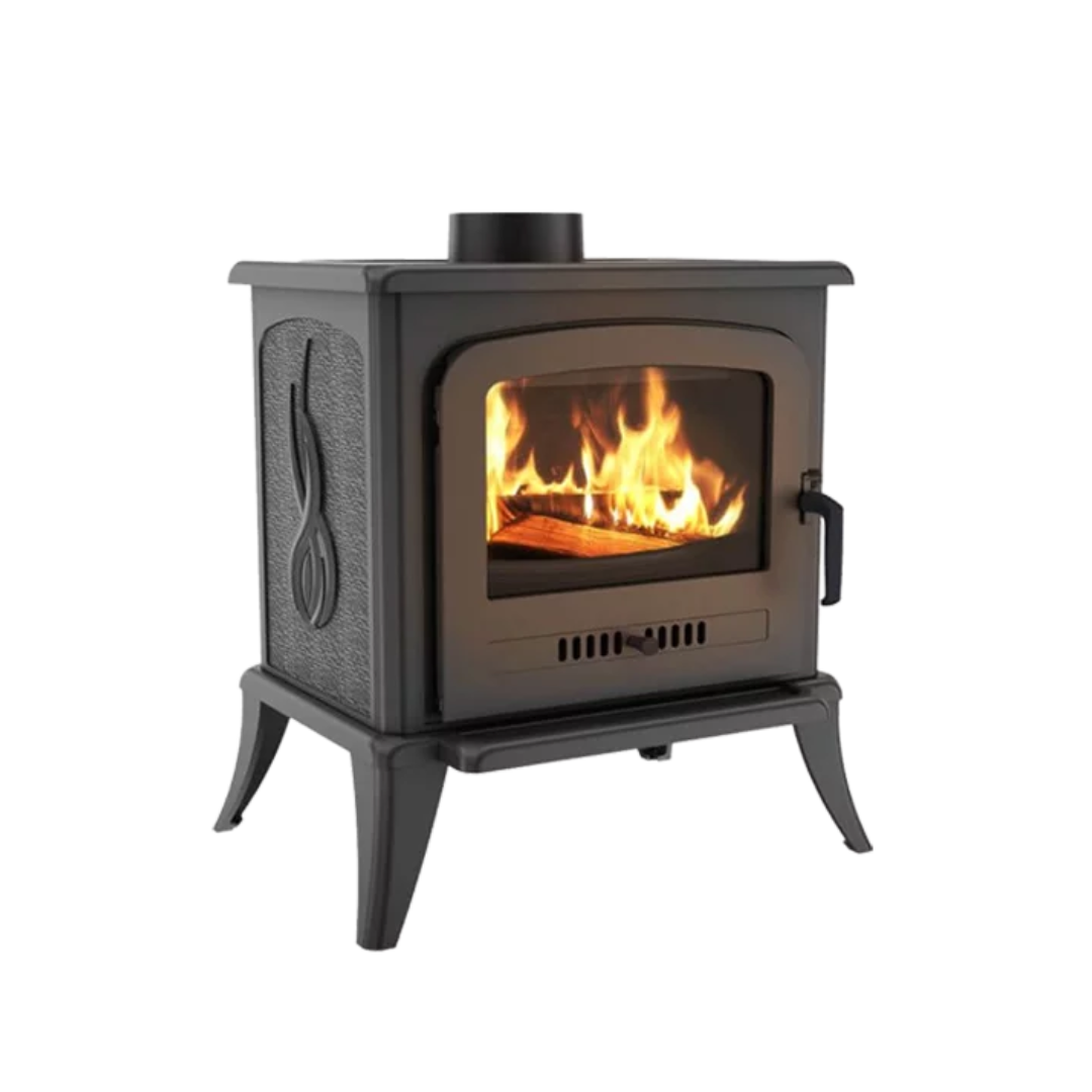 A black freestanding wood stove with visible flames inside the glass door.