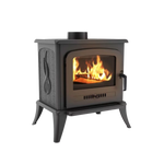 A black freestanding wood stove with visible flames inside the glass door.