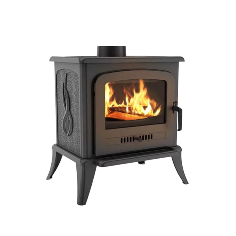 A black freestanding wood stove with visible flames inside the glass door.