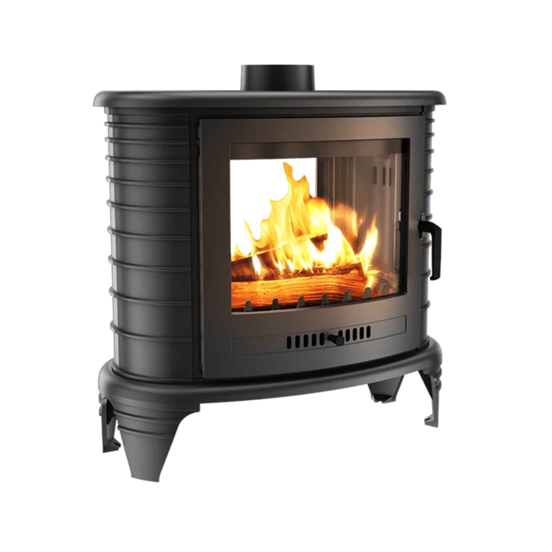 A double-sided freestanding black fireplace with visible flames inside.