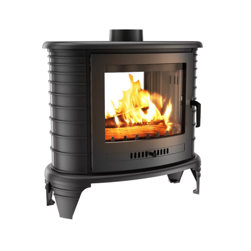 A double-sided freestanding black fireplace with visible flames inside.