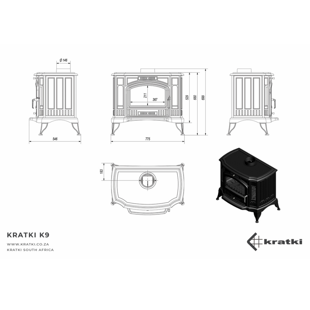 Specification diagram of Kratki K9 wood-burning stove