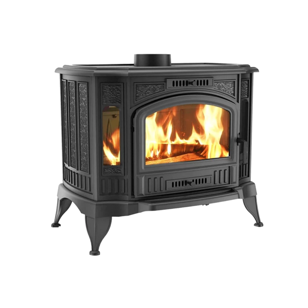 A black freestanding wood-burning stove with visible flames inside the glass door.