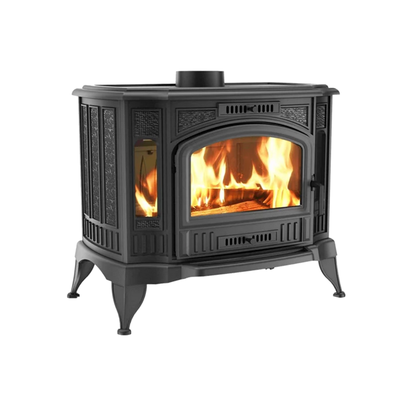 A black freestanding wood-burning stove with visible flames inside the glass door.