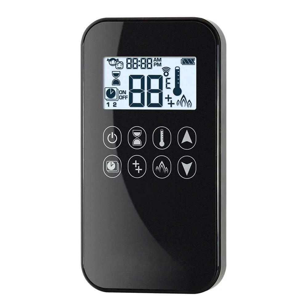 Black electronic device with digital display and control buttons on a white background