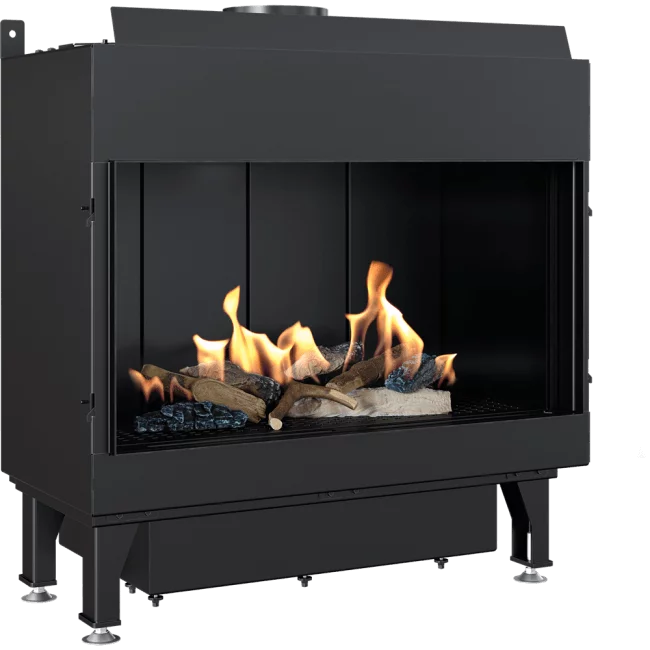 Black freestanding fireplace with flames and logs inside on a white background