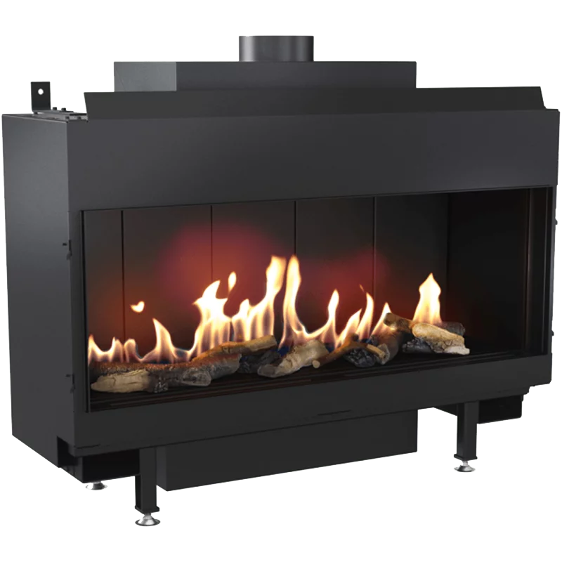 Black fireplace with burning logs and flames on a white background