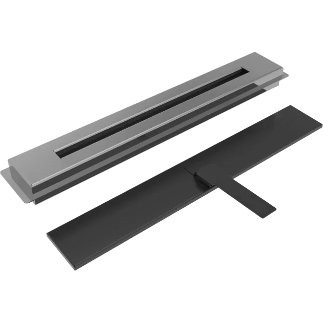 Two metal gratings, one gray and one black, on a white background