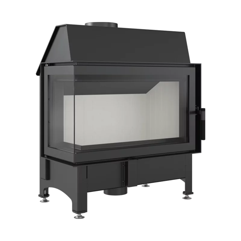 Black freestanding fireplace with glass door on a white background