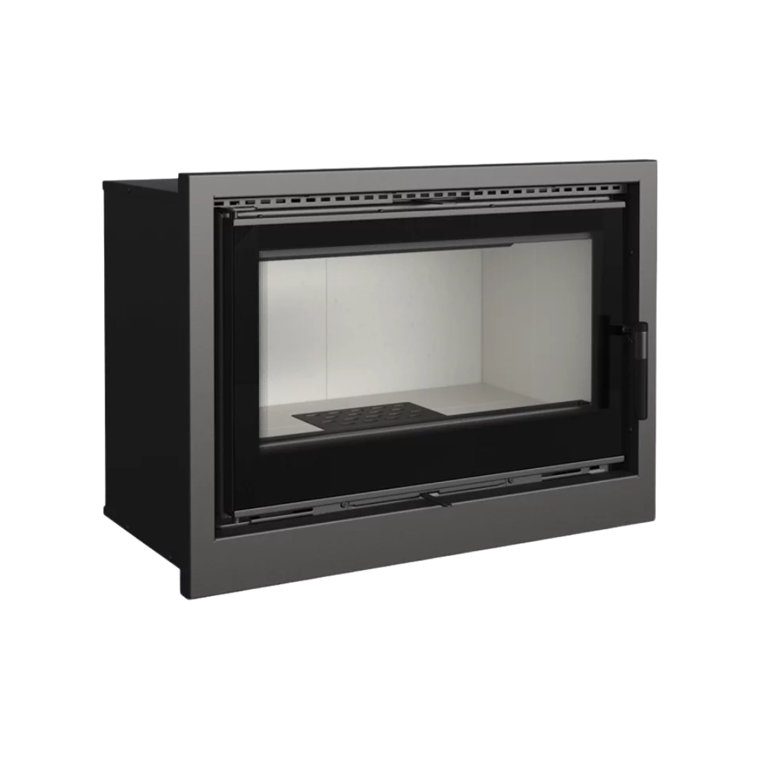 A black, built-in fireplace insert with a visible glass door and steel frame.
