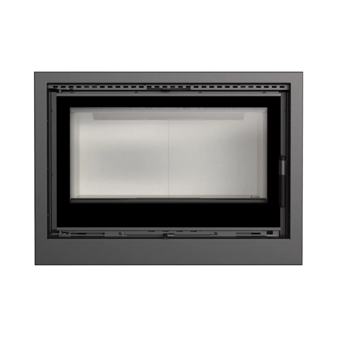 A black, built-in fireplace insert with a visible glass door and steel frame.