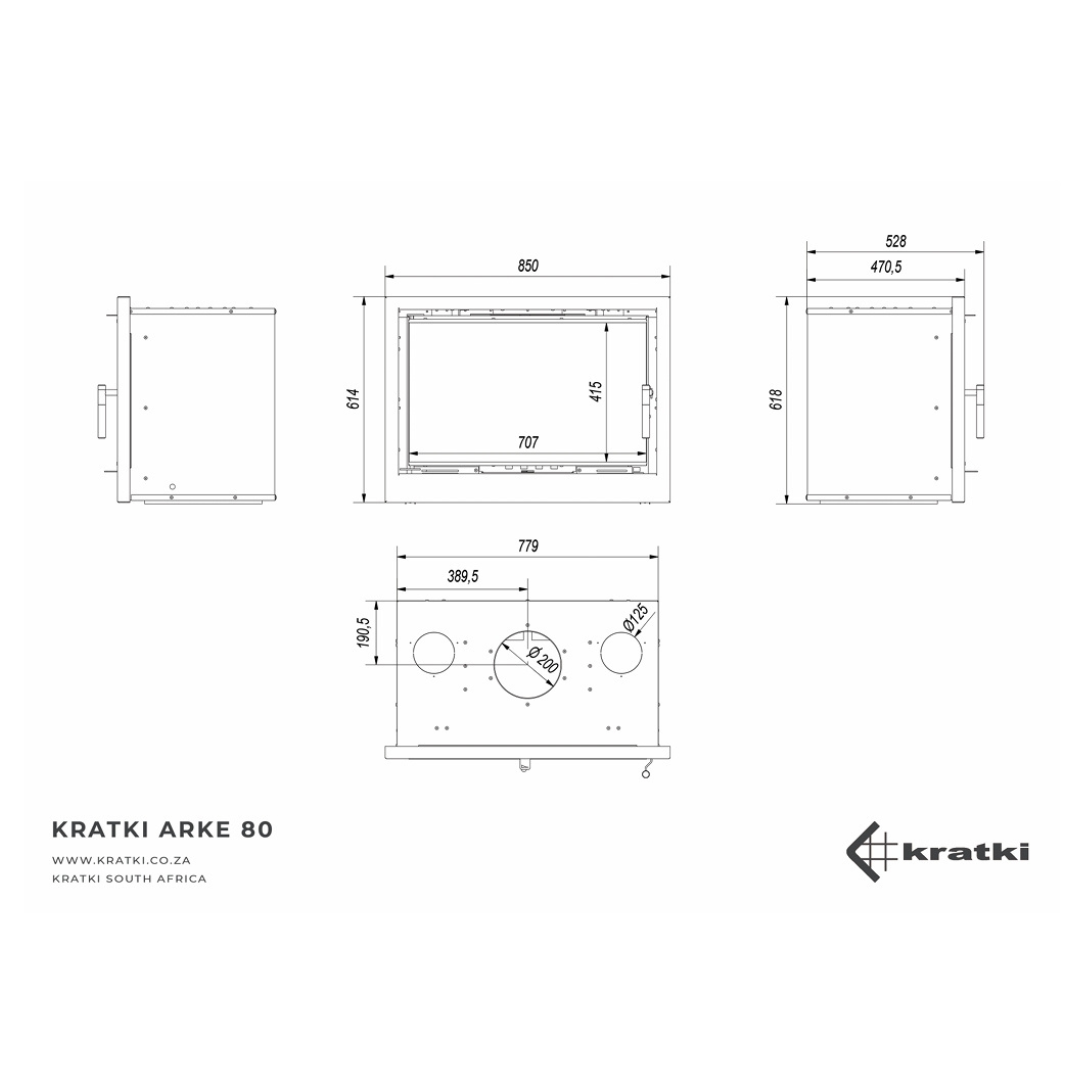 Kratki Arke 80 wood stove specifications diagram and sizes