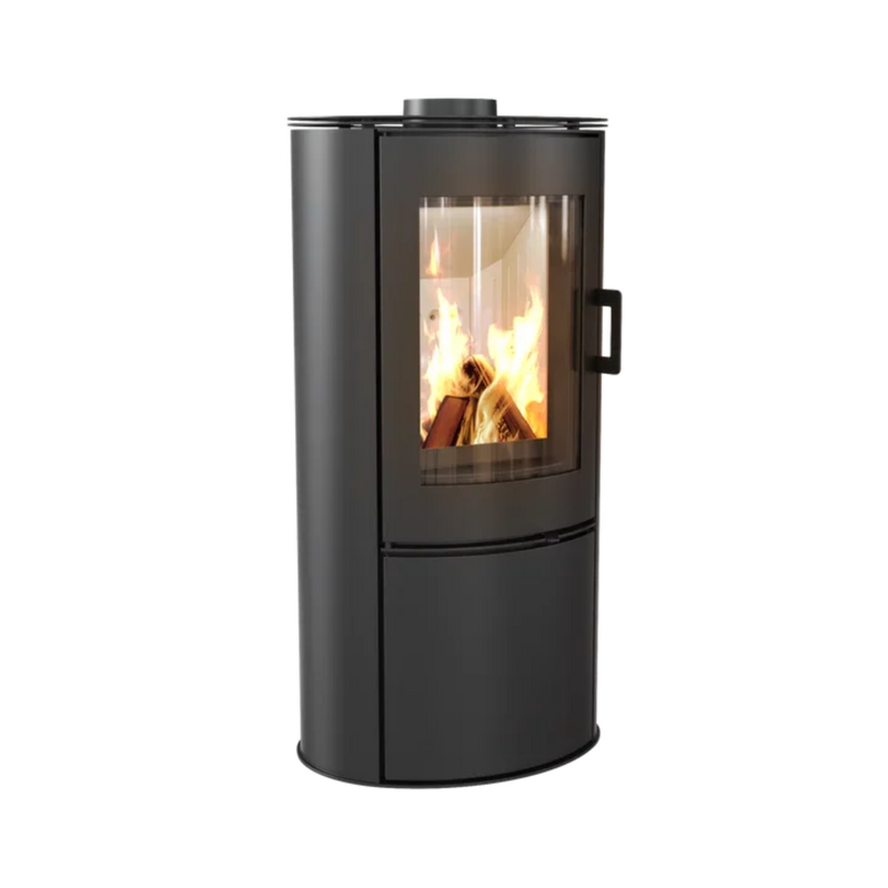 A black freestanding wood-burning stove with a visible fire through the glass door.