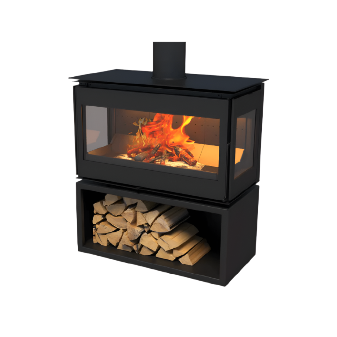 A three-sided freestanding Lacunza Adour fireplace with visible flames and wood storage box.