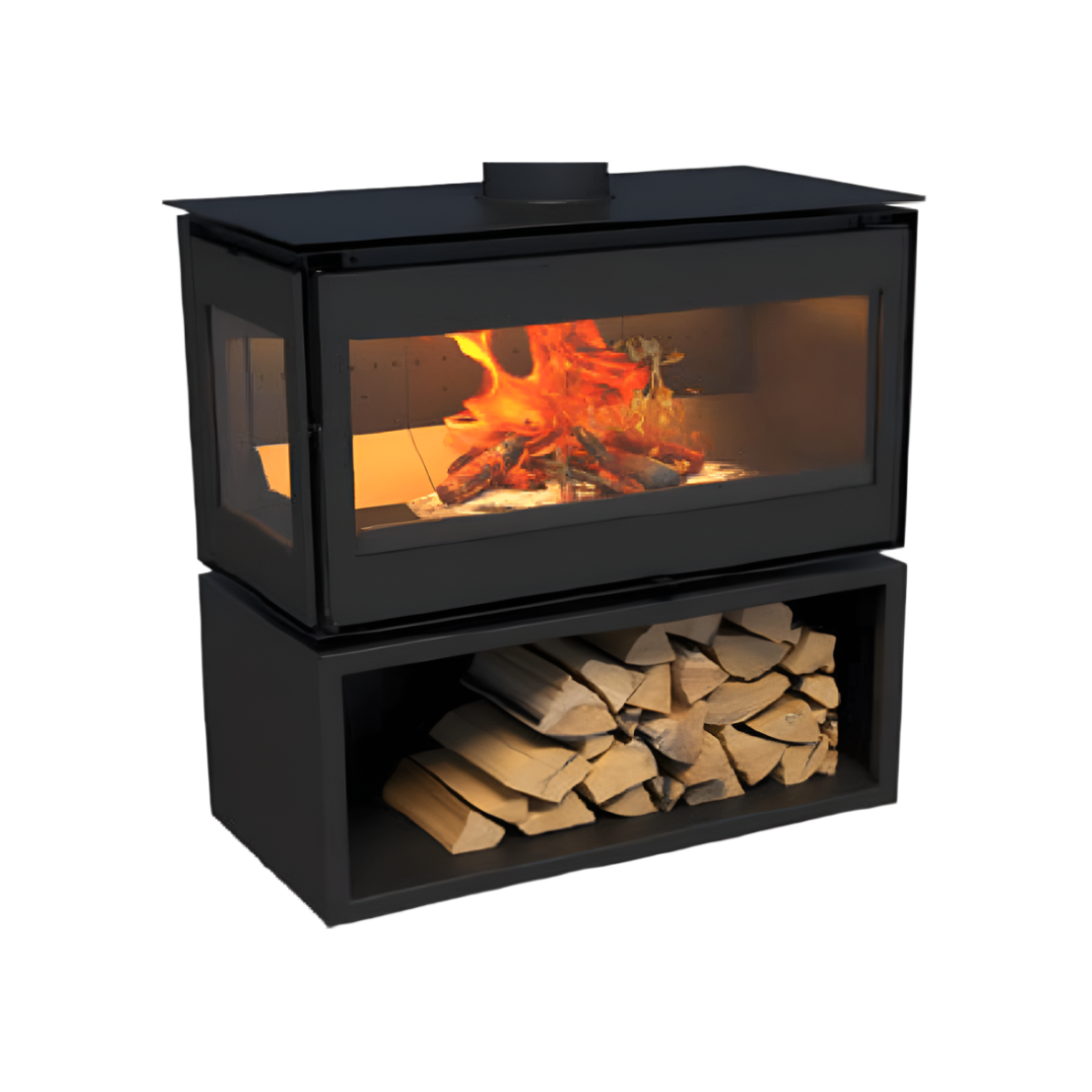 A freestanding, two-sided glass-sided fireplace with visible wood storage beneath.