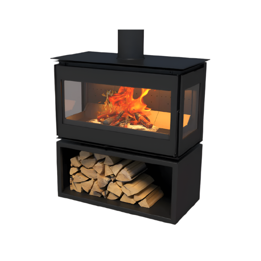 A freestanding, two-sided glass-sided fireplace with visible wood storage beneath.