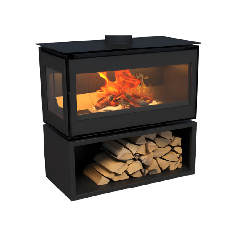 A freestanding, two-sided glass-sided fireplace with visible wood storage beneath.