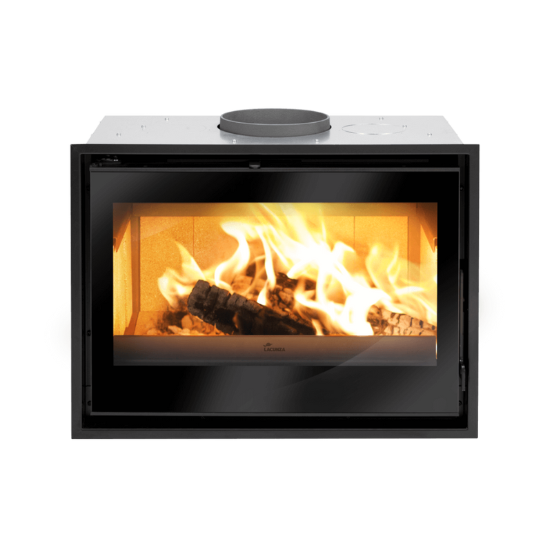 A black insert electric fireplace with a large glass door and a visible fire through the glass, with a black frame and control panel at the bottom.