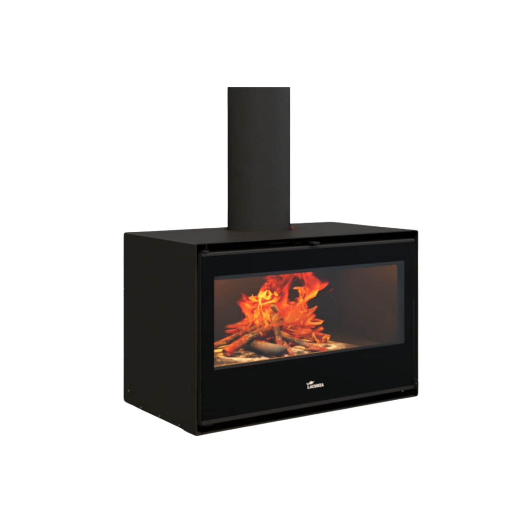 A freestanding wood fireplace with a visible firebox and glass door, in a black color.