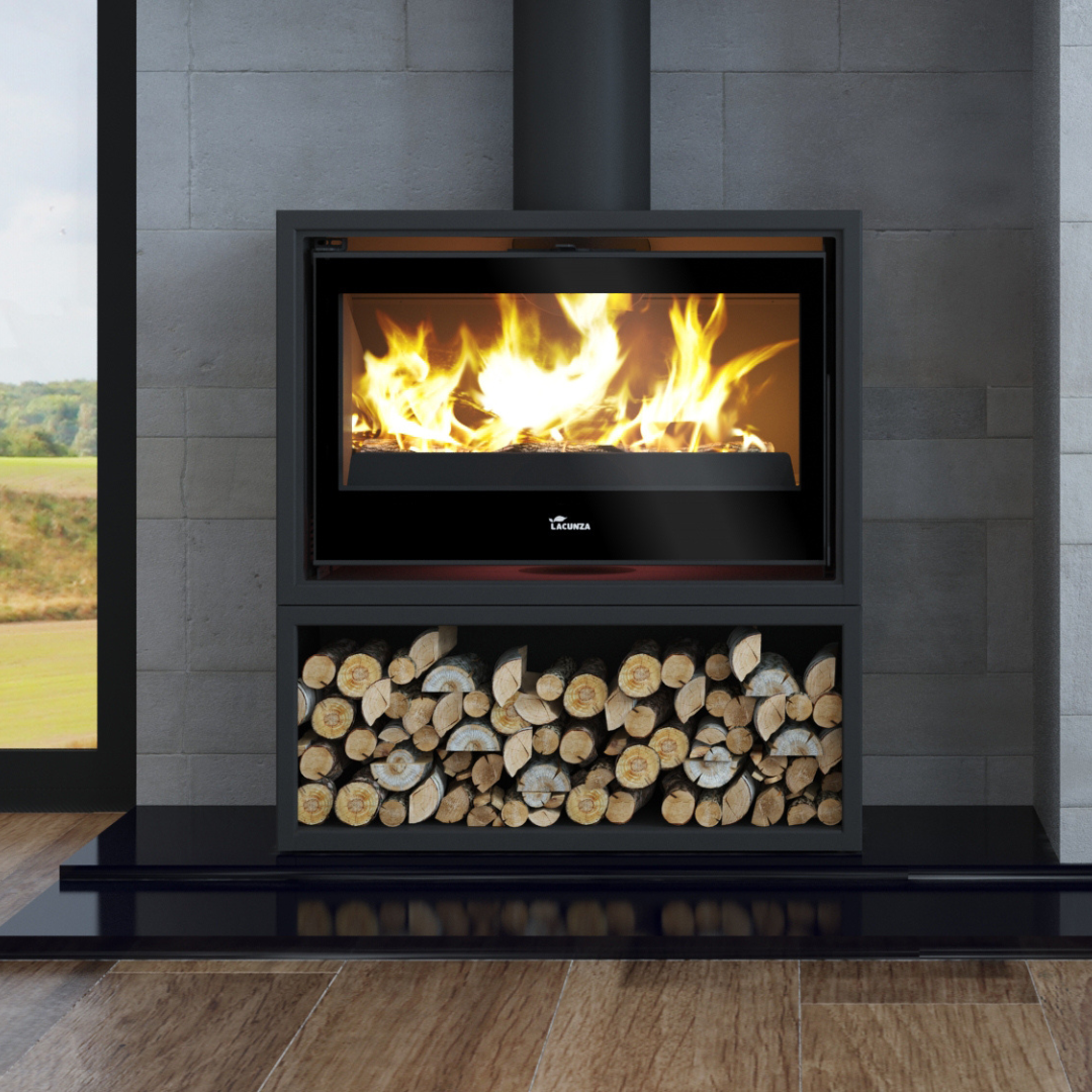 Lacunza Silver 700 freestanding fireplace lifestyle image