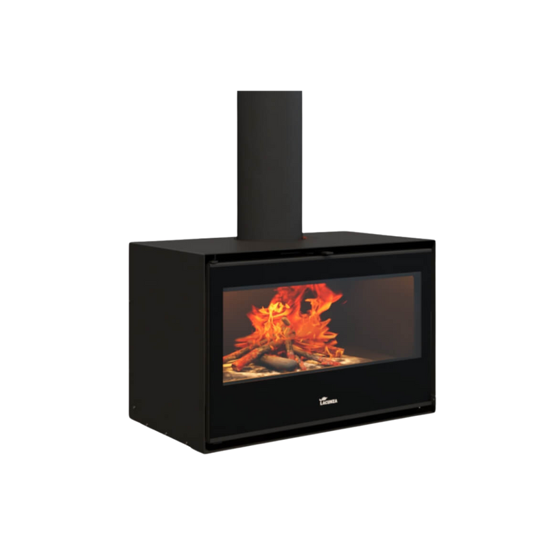 A freestanding wood fireplace with a visible firebox and glass door, in a black color.