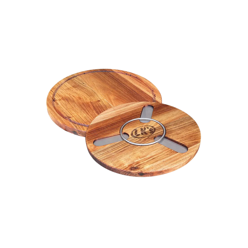A round wooden cutting board with a handle in the center.