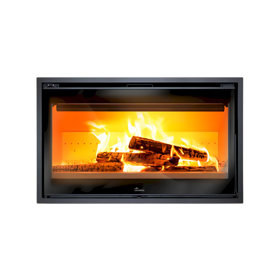 A carbon steel fireplace insert with a visible fire and logs inside, surrounded by a black frame.