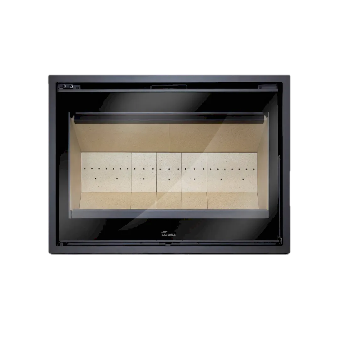 A carbon steel fireplace insert with a visible fire and logs inside, surrounded by a black frame.