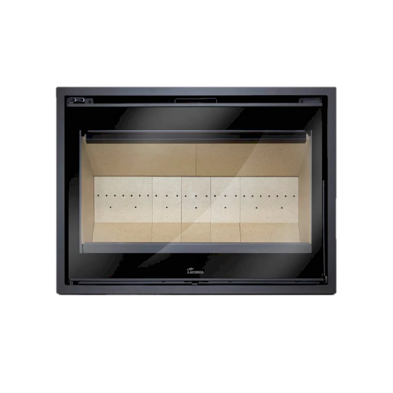 A carbon steel fireplace insert with a visible fire and logs inside, surrounded by a black frame.