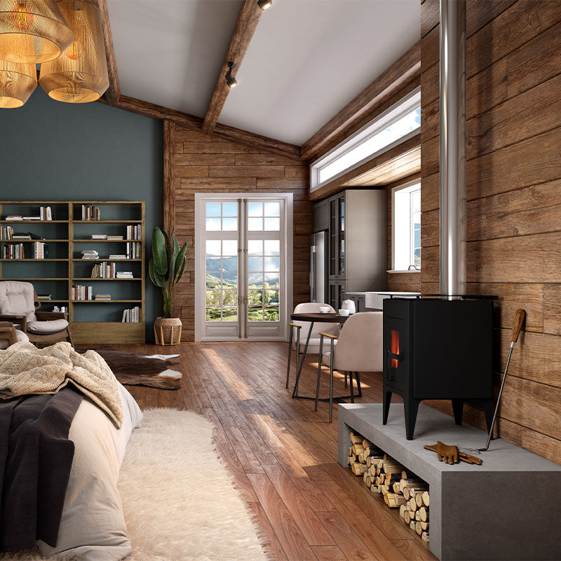 freestanding fireplace in a living room settings