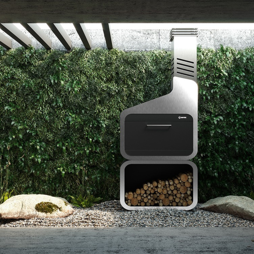 Modi wood braai with integrated log box, lifestyle patio scene.