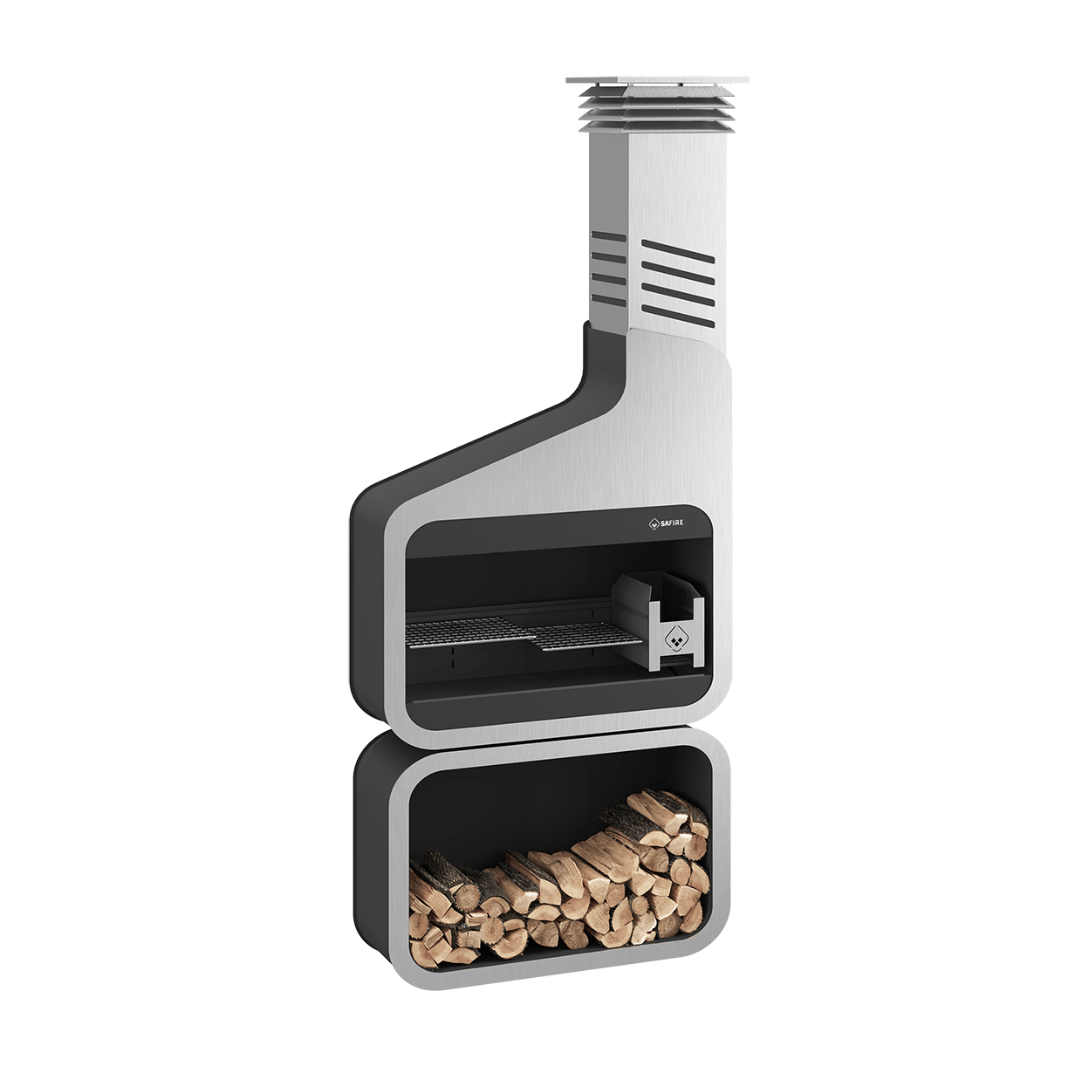 A silver-colored outdoor fireplace insert designed for wood burning, with visible flue and controls.