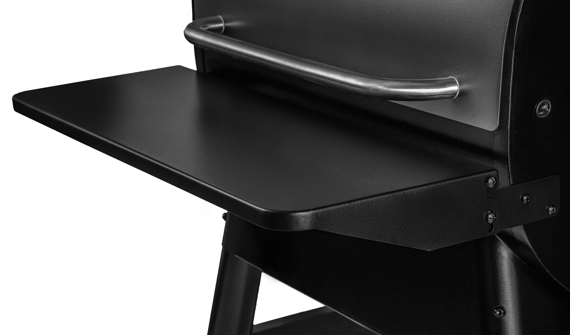 Black metal desk with a flat surface and a handle on a white background