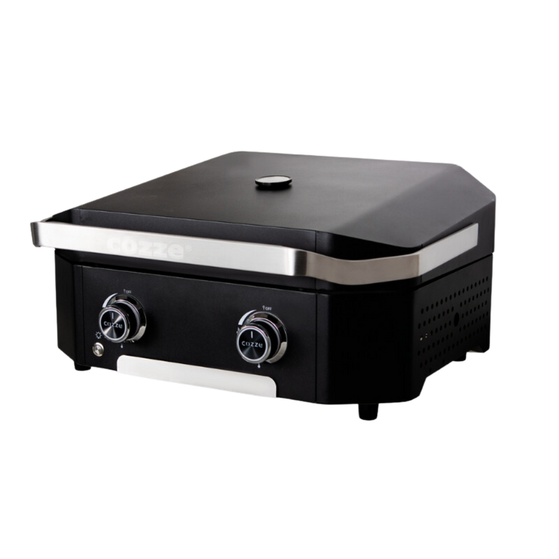 A black powder-coated steel outdoor grill with two burners and a closed lid.