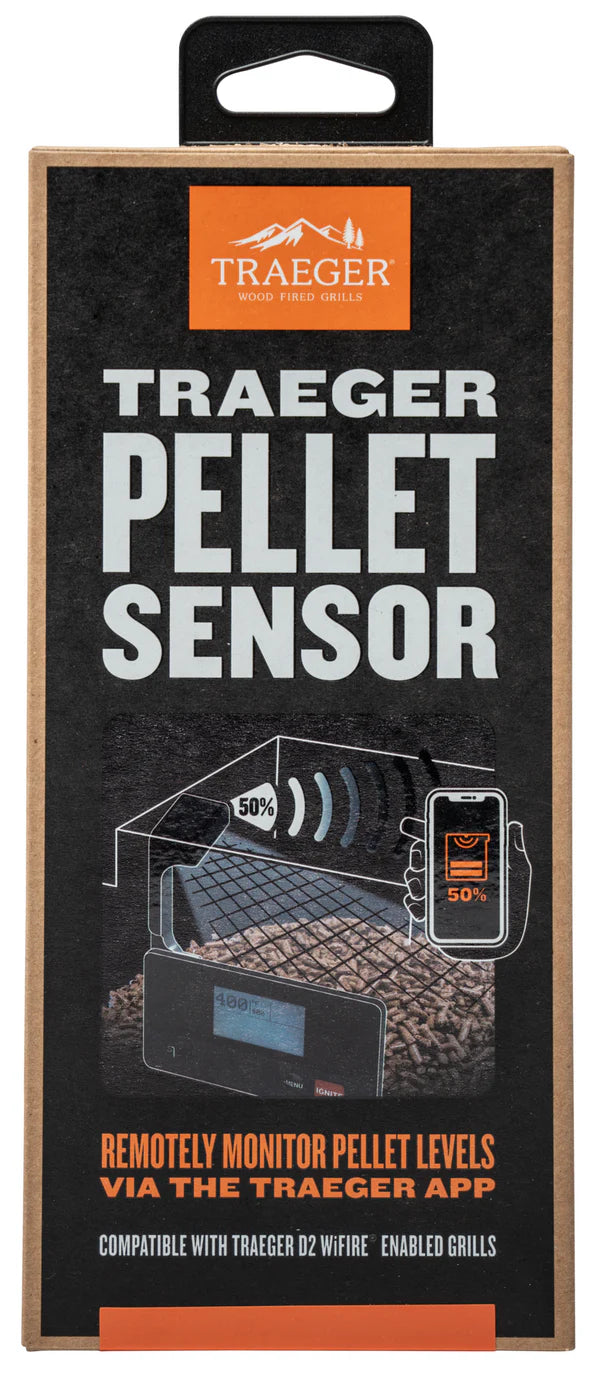 Traeger Pellet Sensor packaging with app compatibility text