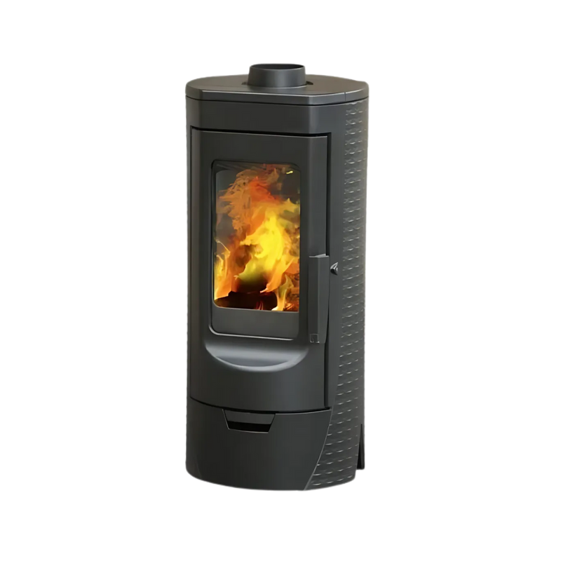 A black freestanding wood-burning fireplace with a visible fire through the glass door.