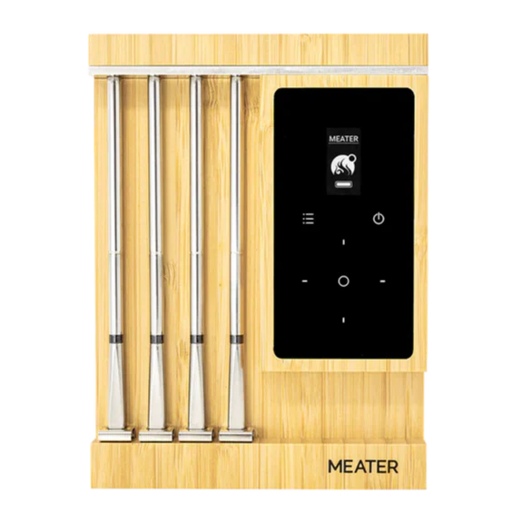 Meater digital meat thermometer with wooden stand on a white background