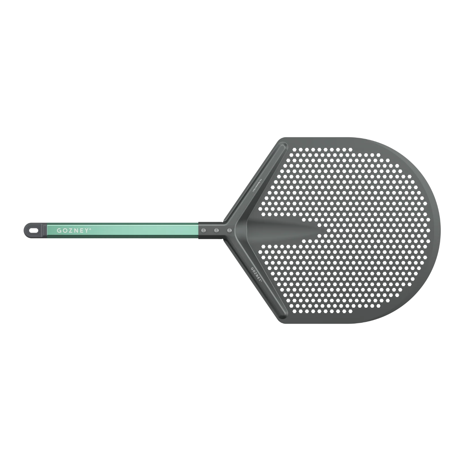 Gray fly swatter with a green handle on a white background