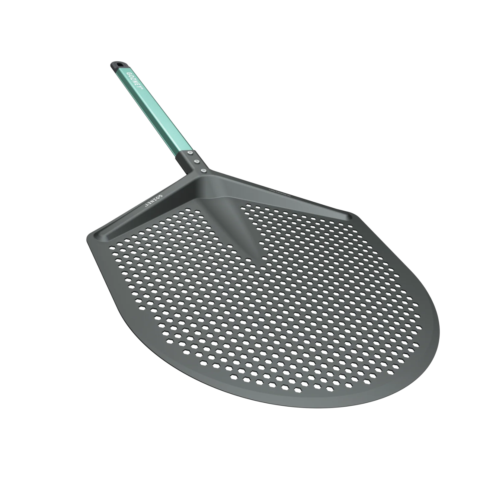 Gray perforated pizza peel with green handle on a white background