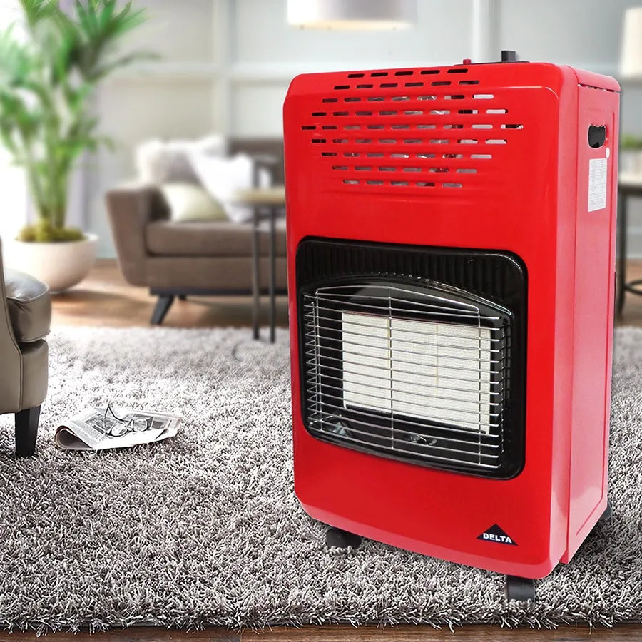 Red gas heater lifestyle scene, portable roll about heater in lounge
