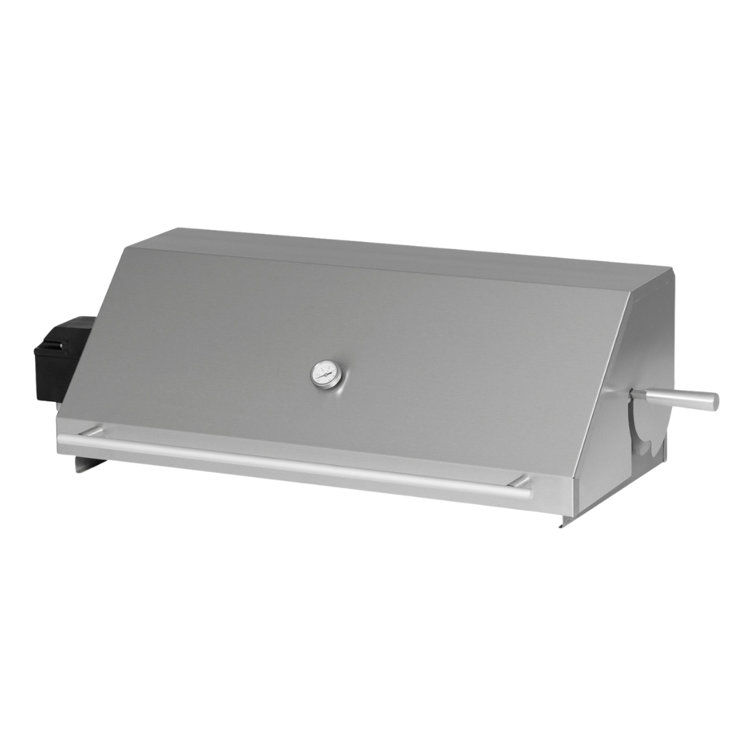 A gray rotisserie dome accessory for a Chad-O-Chef 4-Burner Gas Braai.