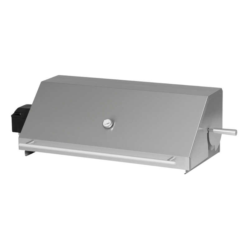 A gray rotisserie dome accessory for a Chad-O-Chef 4-Burner Gas Braai.