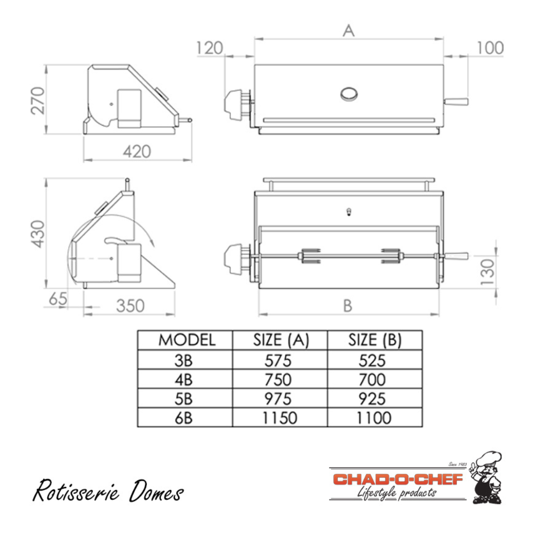 Technical diagram for 5 burner rotisserie dome with dimensions